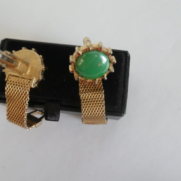 Vintage Green Cuff Links Gold Tone Mesh Wrap Around - Picture 2 of 2
